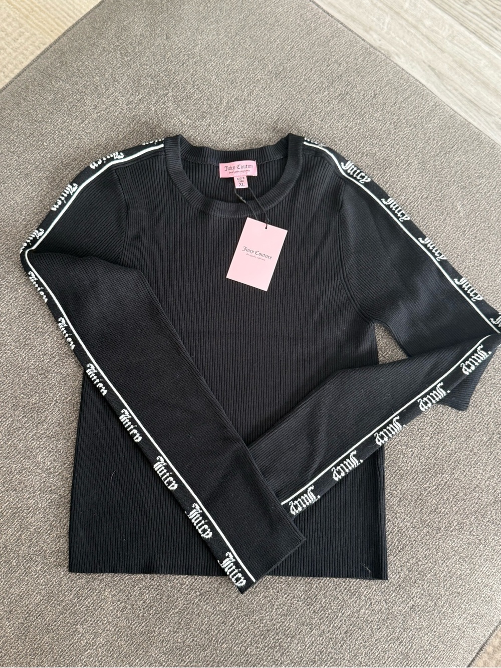 Juicy Couture Black Ribbed Long Sleeve Top with Logo Sleeve Tape